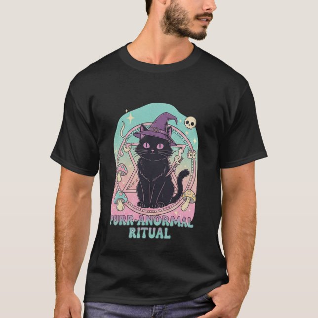 Purr-anormal Ritual Kawaii Black Cat Witch T-Shirt (Front)