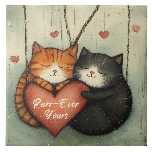 Purr-Ever Yours Kitty Cat Cuddles Illustrated Art Ceramic Tile (Front)