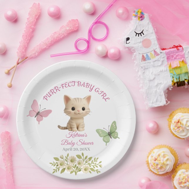 Purr-fect Baby Girl Kitten Baby Shower Paper Plates (Party)