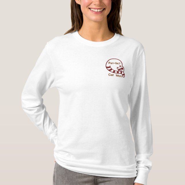 Purr-fect Cat Mom Embroidered Long Sleeve T-Shirt (Front)