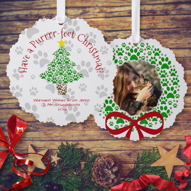 Purr-fect Christmas Fun Paw Prints Cat Photo Ornament Card (In Situ with Decorations)