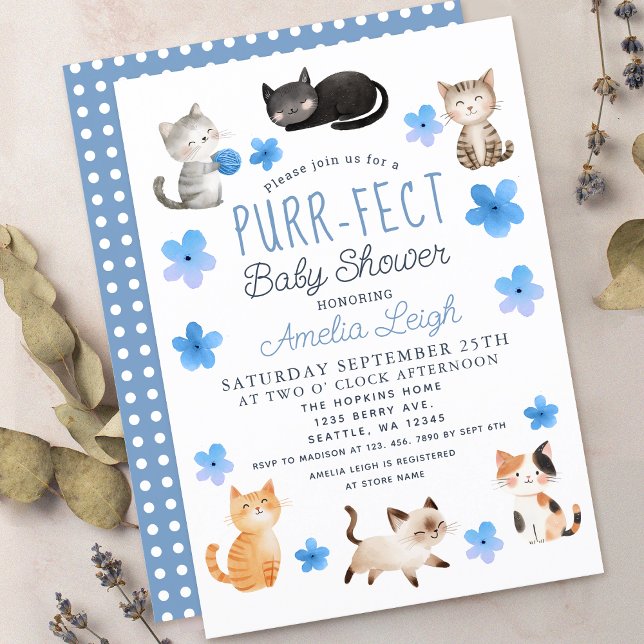 Purr-fect Cute Cats Floral Boy Baby Shower Invitation (Creator Uploaded)