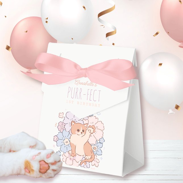 Purr-fect Cute Cats Floral Girl 1st Birthday Favor Boxes (Creator Uploaded)