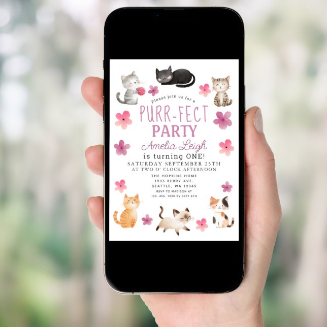 Purr-fect Cute Cats Floral Girl 1st Birthday Invitation (Front Digital)