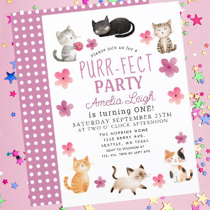 Purr-fect Cute Cats Floral Girl 1st Birthday Invitation