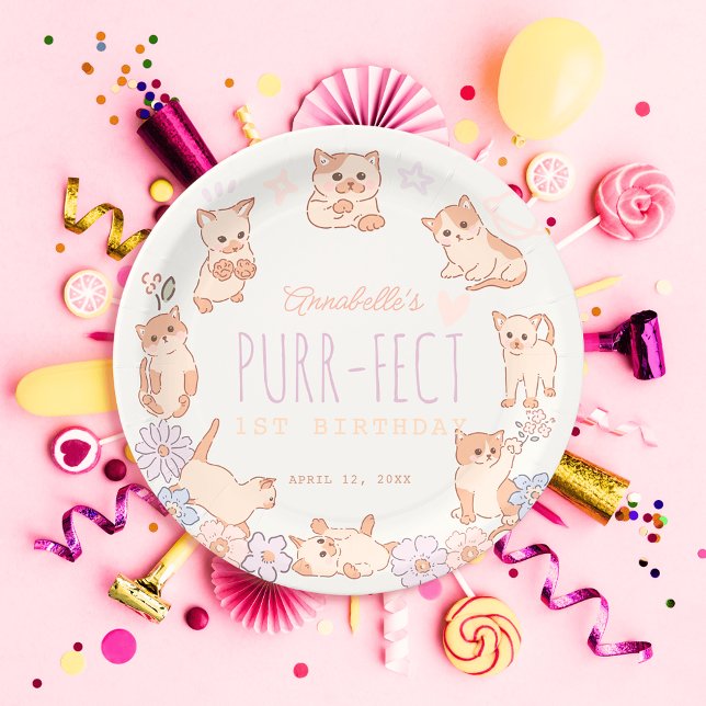 Purr-fect Cute Cats Floral Girl 1st Birthday Paper Plates (Creator Uploaded)