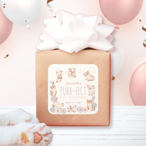 Purr_fect Cute Cats Floral Girl 1st Birthday Square Sticker