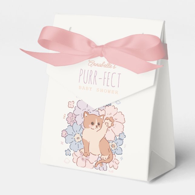 Purr-fect Cute Cats Floral Girl Baby Shower Favor Boxes (Front Side)