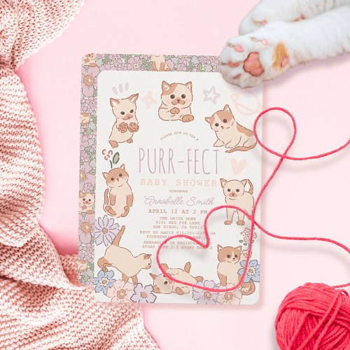 Purr_fect Cute Cats Floral Girl Baby Shower Invitation