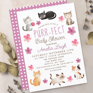 Purr-fect Cute Cats Floral Girl Baby Shower Invitation