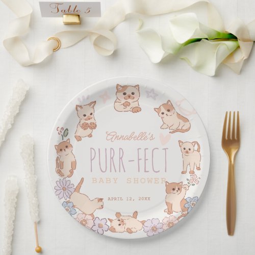 Purr_fect Cute Cats Floral Girl Baby Shower Paper Plates