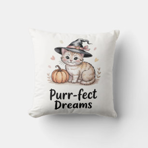 Purr-fect Dreams Cute Cat with Pumpkin Halloween Throw Pillow