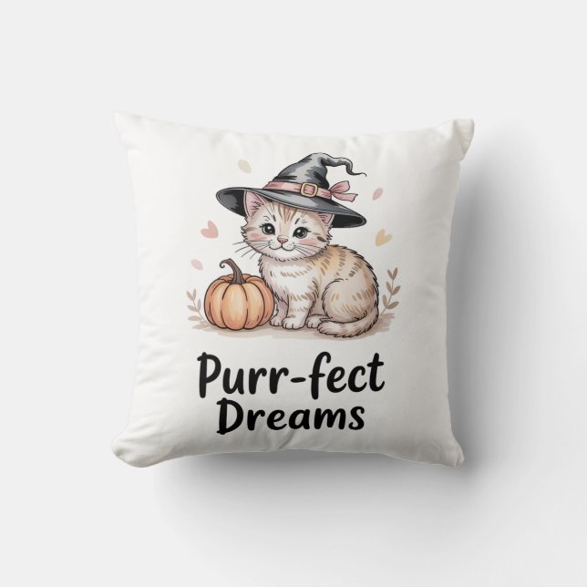 Purr-fect Dreams Cute Cat with Pumpkin Halloween Throw Pillow (Front)