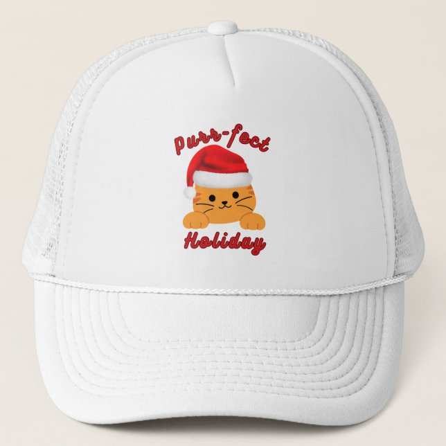 Purr‑fect Holiday Cat Christmas Trucker Hat (Front)