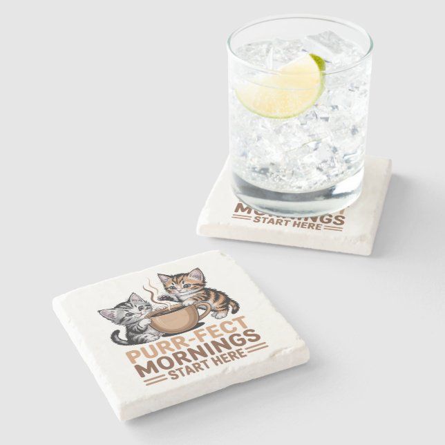 Purr-Fect Mornings Kittens Stone Coaster (Side)
