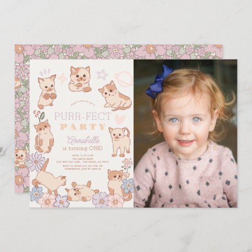 Purr_fect Party Cats Floral 1st Birthday Photo Invitation