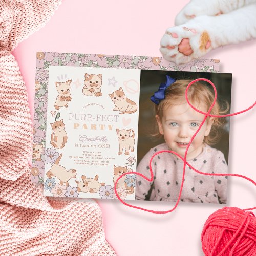 Purr_fect Party Cats Floral 1st Birthday Photo Invitation