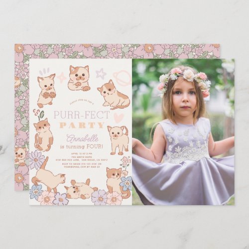Purr_fect Party Cats Floral Girl Birthday Photo Invitation