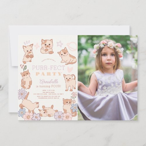 Purr_fect Party Cats Floral Girl Birthday Photo Invitation