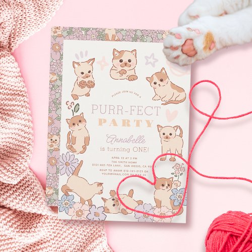 Purr_fect Party Cute Cats Floral Girl 1st Birthday Invitation