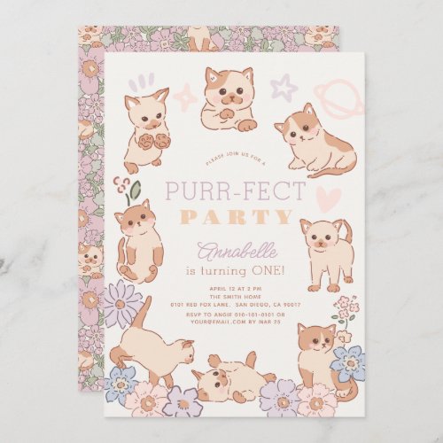 Purr_fect Party Cute Cats Floral Girl 1st Birthday Invitation