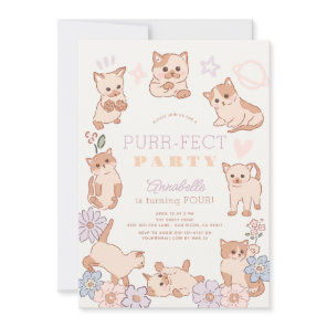 Purr-fect Party Cute Cats Floral Girl Birthday Invitation