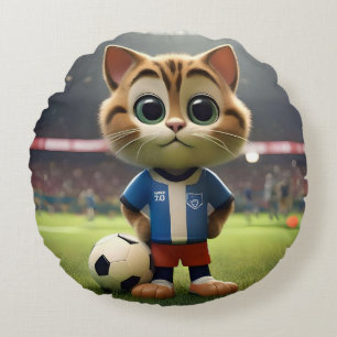 "Purr-fect Striker: The 3D Soccer Cat" Round Pillow