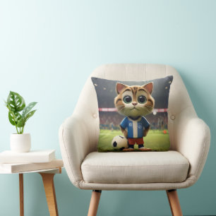 "Purr-fect Striker: The 3D Soccer Cat" Throw Pillow