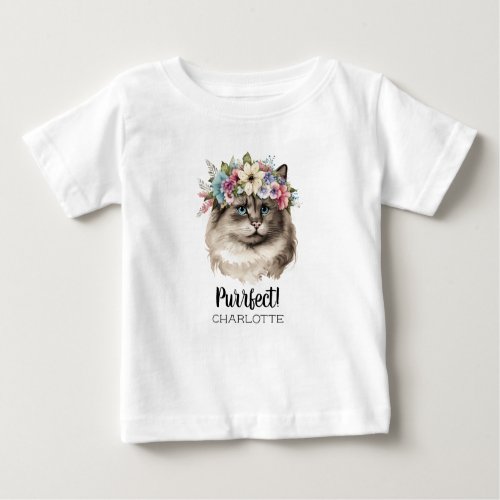 Purr_fect Watercolor Cat Funny Pun Monogram Name  Baby T_Shirt