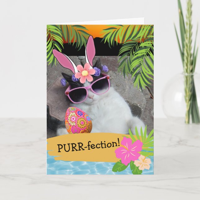 Purr-fection Hawaiian Themed Easter Cat Card (Front)