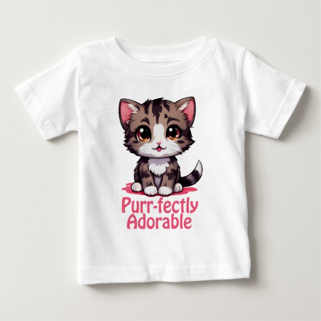 Purr-fectly Adorable Chibi Kawaii Kitten in Pink Baby T-Shirt (Front)