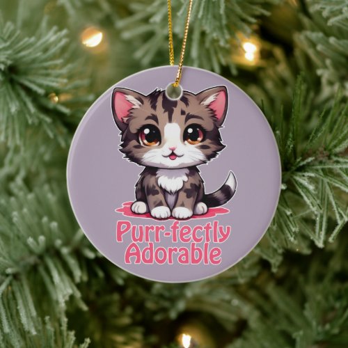 Purr_fectly Adorable Chibi Kawaii Kitten in Pink Ceramic Ornament