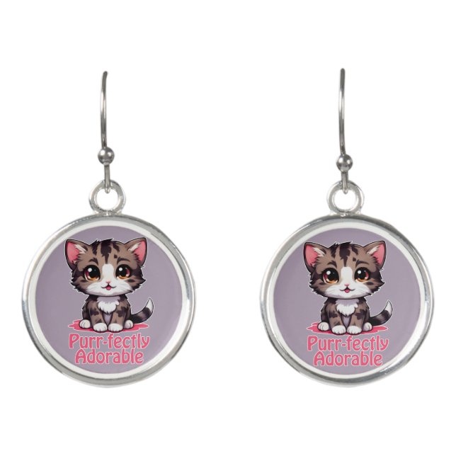 Purr-fectly Adorable Chibi Kawaii Kitten in Pink Earrings (Front)