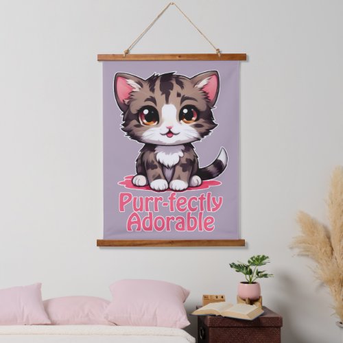 Purr_fectly Adorable Chibi Kawaii Kitten in Pink Hanging Tapestry