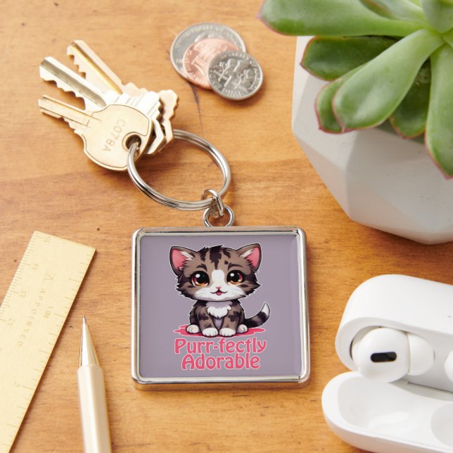 Purr-fectly Adorable Chibi Kawaii Kitten in Pink Keychain (Desk)