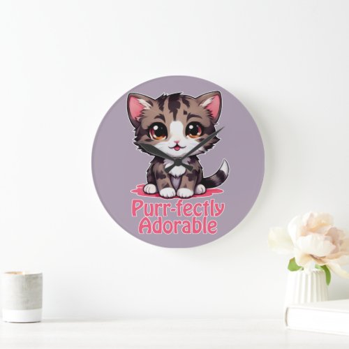 Purr_fectly Adorable Chibi Kawaii Kitten in Pink Large Clock