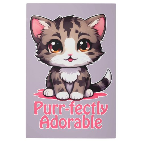 Purr_fectly Adorable Chibi Kawaii Kitten in Pink Metal Print