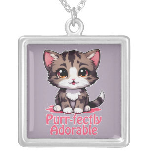 Purr-fectly Adorable Chibi Kawaii Kitten in Pink Silver Plated Necklace