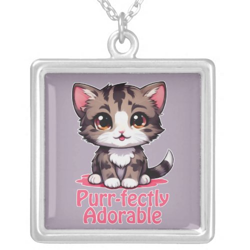 Purr_fectly Adorable Chibi Kawaii Kitten in Pink Silver Plated Necklace