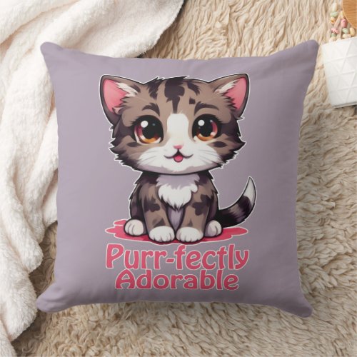 Purr_fectly Adorable Chibi Kawaii Kitten in Pink Throw Pillow