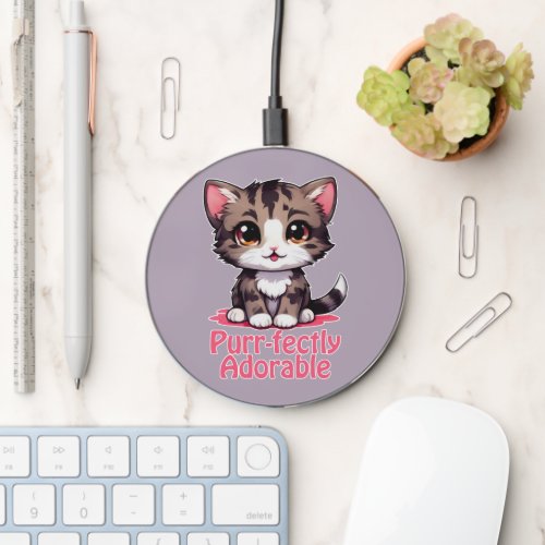 Purr_fectly Adorable Chibi Kawaii Kitten in Pink Wireless Charger