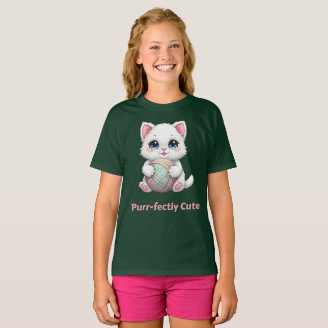 Purr‑fectly Cute Kawaii Cat With Yarn T-Shirt (Front Full)