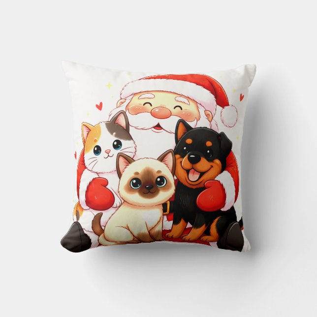 Purr-fectly Huggable: Santa’s Snuggle Trio Throw Pillow (Front)