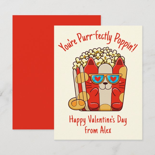 Purr-fectly Poppin' Funny Cat Popcorn Valentine Note Card (Front/Back)