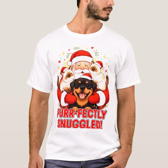 Purr-fectly Snuggled: Santa’s Cozy Pet Cuddle T-Shirt (Front)