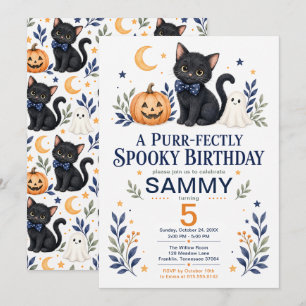 Purr-fectly Spooky Black Cat Halloween Birthday Invitation
