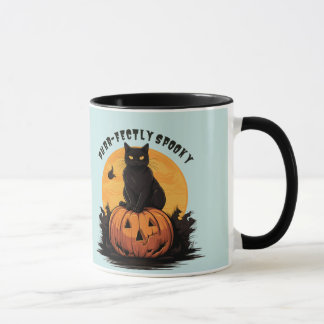 Purr-fectly Spooky Black Cat on Pumpkin Halloween  Mug