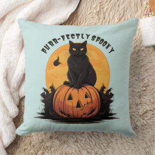 Purr-fectly Spooky Black Cat on Pumpkin Halloween  Throw Pillow