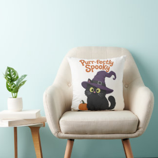 Purr-fectly Spooky Halloween Cat Throw Pillow