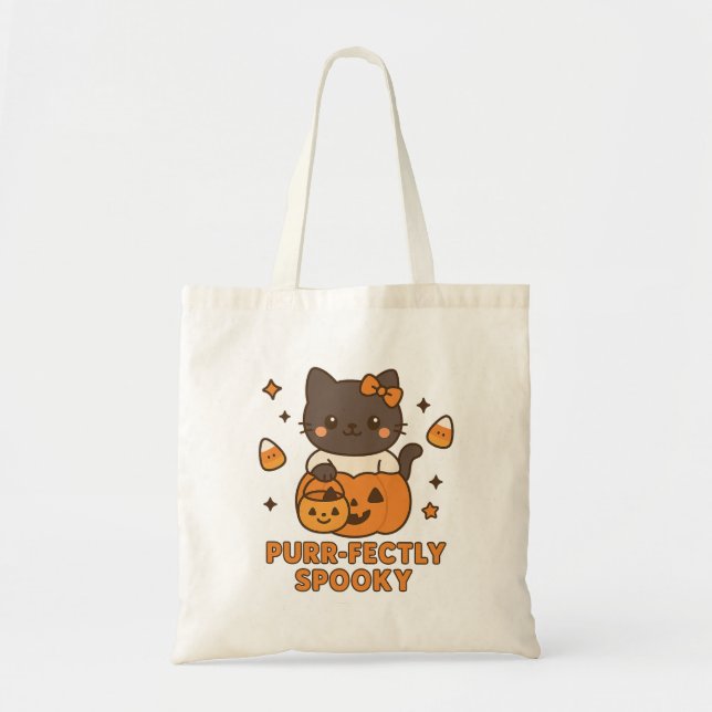 Purr-fectly Spooky Halloween Tote Bag Cute pumpkin (Front)